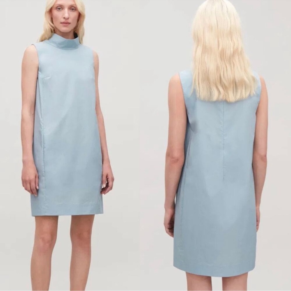 COS Cocoon Shift Dress Size 12 Sleeveless Mock Neck Minimalist Modern Light Blue